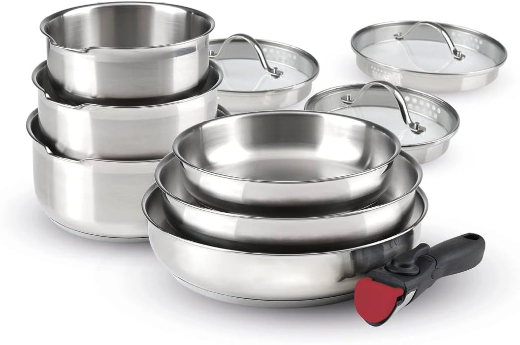 Set de 3 Casseroles, 3 Poêles et 3 Couvercles Passoires avec Poignée Amovible - Acier Inoxydable