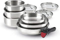 Set de 3 Casseroles, 3 Poêles et 3 Couvercles Passoires avec Poignée Amovible - Acier Inoxydable