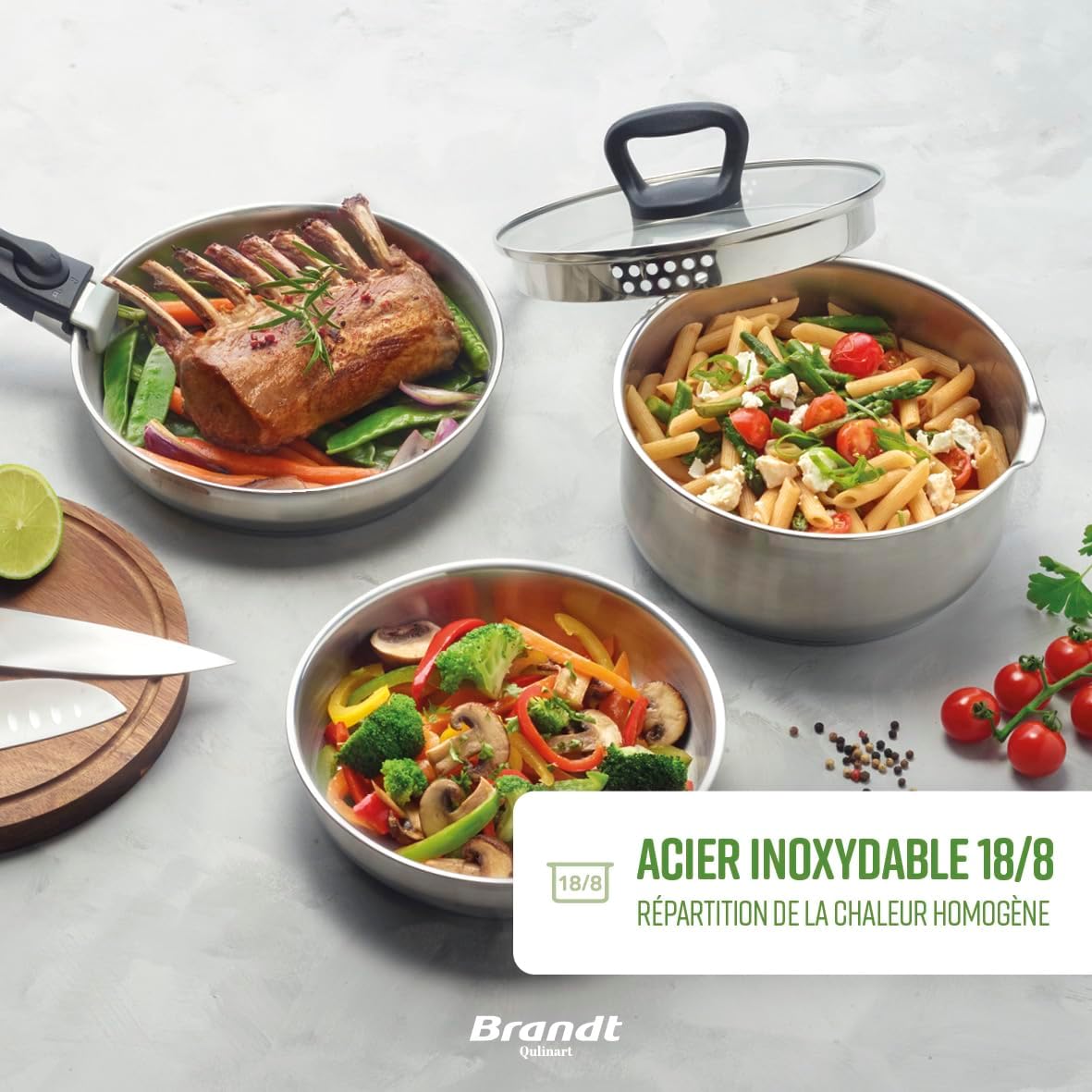 Set de 3 Casseroles, 3 Poêles et 3 Couvercles Passoires avec Poignée Amovible - Acier Inoxydable