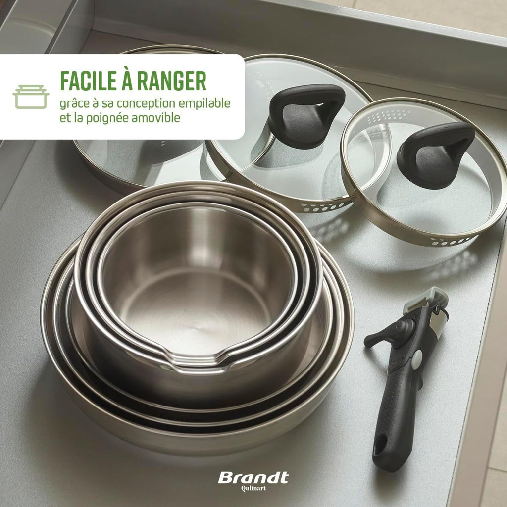 Set de 3 Casseroles, 3 Poêles et 3 Couvercles Passoires avec Poignée Amovible - Acier Inoxydable