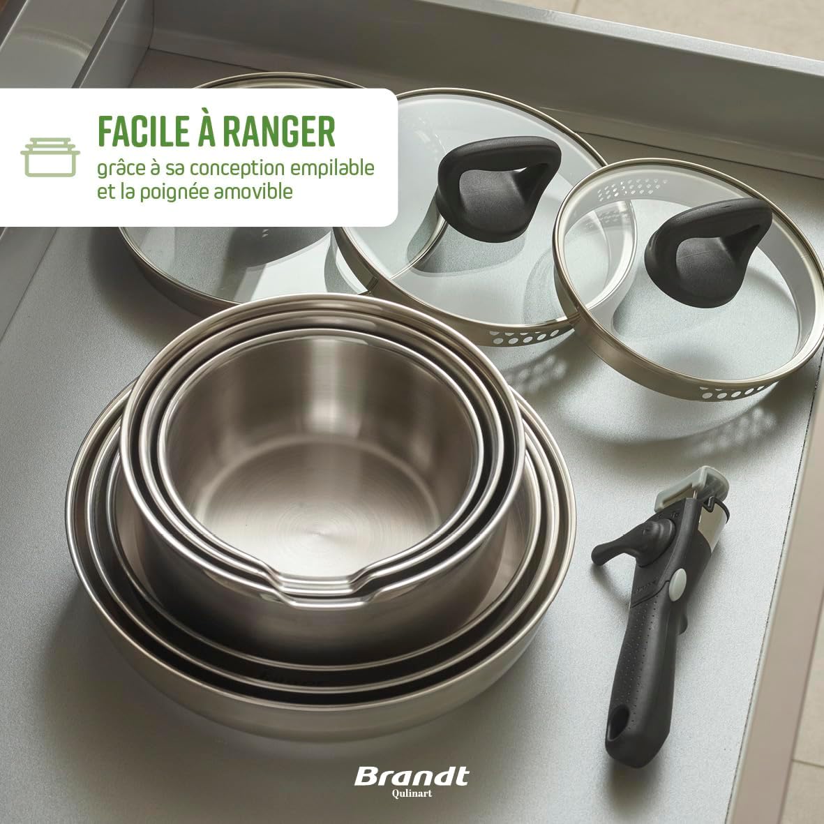 Set de 3 Casseroles, 3 Poêles et 3 Couvercles Passoires avec Poignée Amovible - Acier Inoxydable