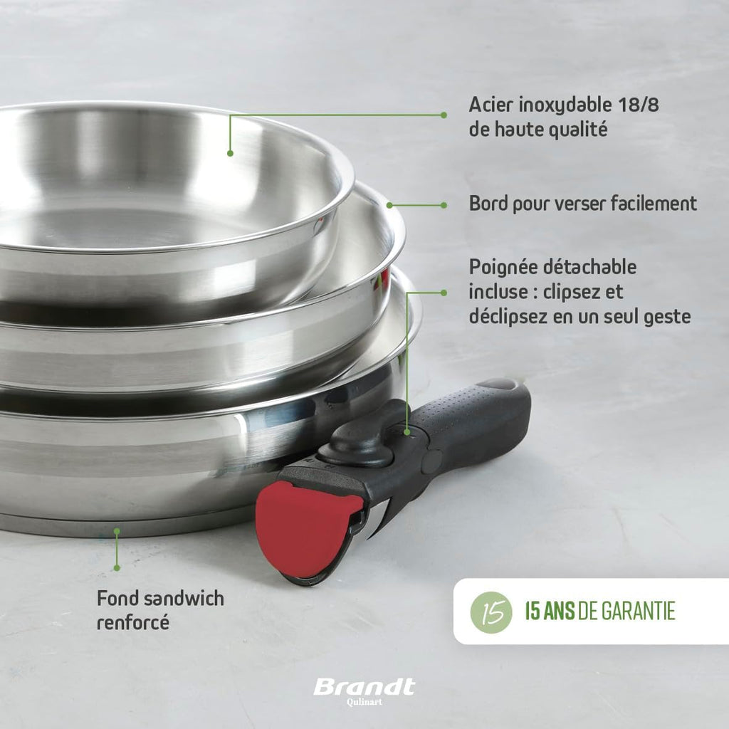 Set de 3 Casseroles, 3 Poêles et 3 Couvercles Passoires avec Poignée Amovible - Acier Inoxydable