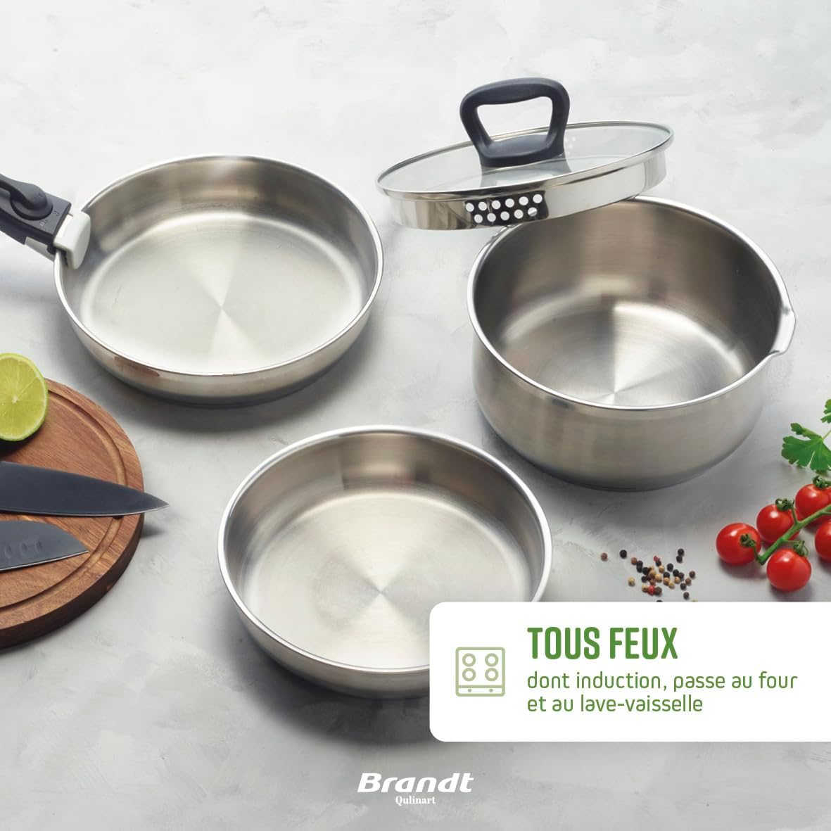 Set de 3 Casseroles, 3 Poêles et 3 Couvercles Passoires avec Poignée Amovible - Acier Inoxydable